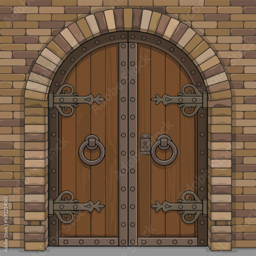A detailed, ancient wooden door with a rusty metal handle stands as an entrance to a vintage stone building
