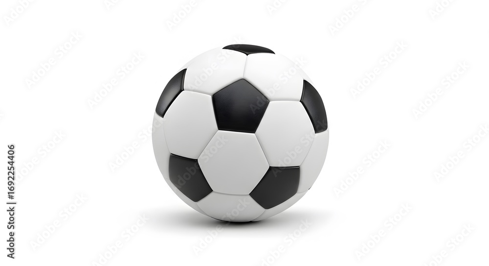 Fototapeta premium Classic black and white soccer ball, studio shot against a clean white background, showing detailed texture and stitching in a close-up product image, conveying a sporty
