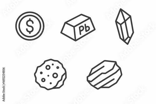 Minerals and Metals Icons Set – Gold, Crystal, Ore, Resources