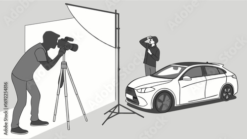 Studio photoshoot of a white car photographer with camera on tripod and assistant adjusting lighting.
