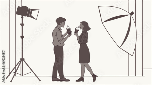 Studio photoshoot of a couple enjoying drinks minimalist illustration romantic date advertising marketing.