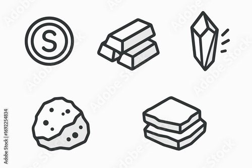 Minerals and Metals Icons Set – Gold, Crystal, Ore, Resources