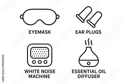 Sleep Aid Icons Set – Eyemask, Ear Plugs, White Noise Machine, Oil Diffuser