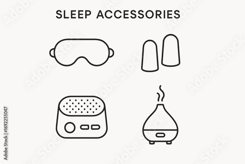 Sleep Accessories Icons Set – Eye Mask, Earplugs, White Noise Machine, Aromatherapy Diffuser