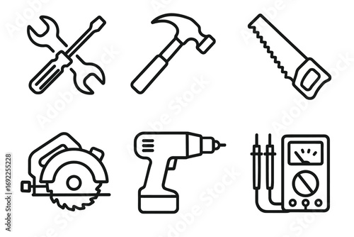 Outline icons of essential hand and power tools for construction and repair
