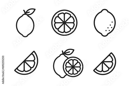 Citrus fruit icons: lemon and lime slices in minimalist black line art