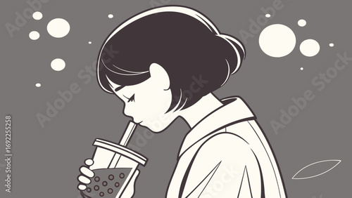 Stylish Woman Enjoying Boba Tea Black and White Illustration Minimalist Design.