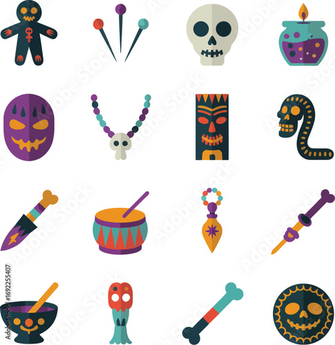 Voodoo and mystical Halloween icon set with doll skull potion mask dagger snake totem and magic symbols in colorful vector