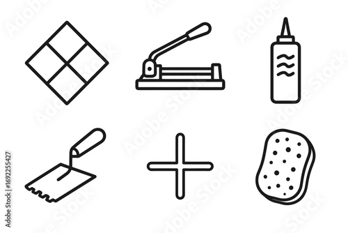Tile installation tools: cutter, grout, trowel, sponge, adhesive, spacers
