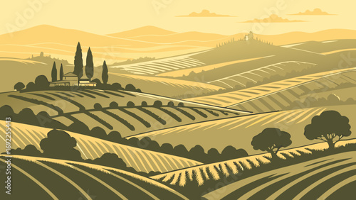 Rolling Hills Landscape Countryside Scene Rural Farmland Agricultural Field Tuscan Style Illustration Vintage Farm Yellow Green Palette Scenic View Nature Illustration Idyllic Countrysid.