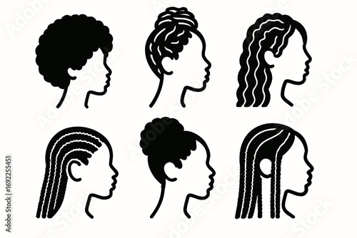 Silhouette profiles of african female hairstyles featuring diverse designs