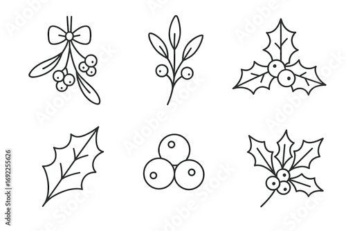 Festive outline illustrations of holly and mistletoe leaves with berries