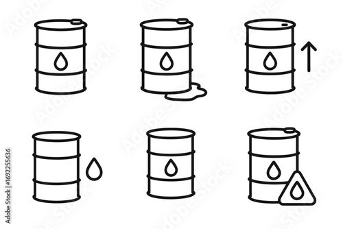 Oil barrel icons showing storage, leakage, and filling processes