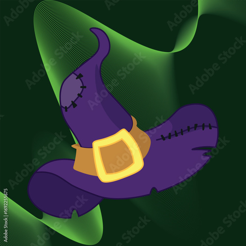 Illustration of a witch's hat. This image shows a black illustration of a witch's hat with curved brims and a pointed top, symbolizing magic and Halloween themes. Vector illustration in cartoon style.