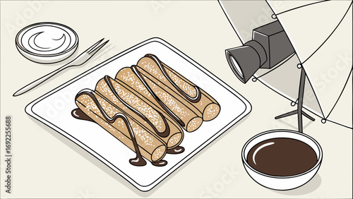 Sweet pastry dessert food photography studio shot chocolate sauce cream fork coffee cup overhead view.