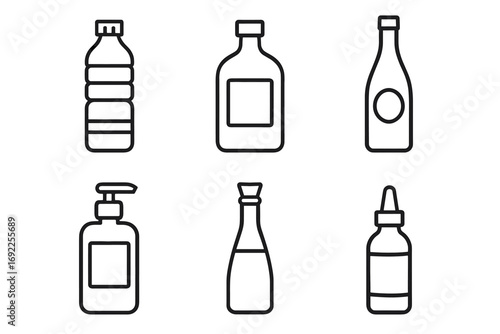 Outlined icons of various bottles including water, sauce, spray, and dropper styles