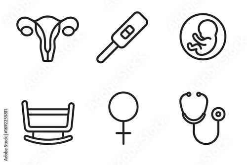Pregnancy and reproductive health icons - uterus, pregnancy test, fetus, cradle, female symbol, stethoscope