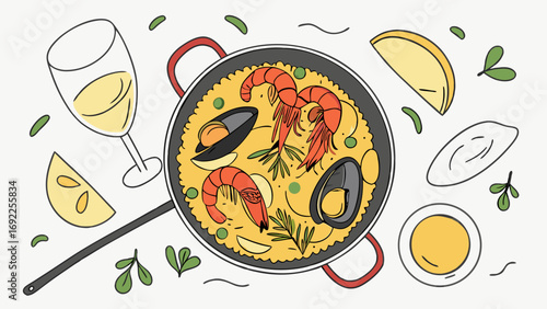 Seafood paella dish overhead view top down flat lay illustration restaurant menu food photography recipe culinary cooking dinner lunch Mediterranean cuisine gourmet food shrimp mus.