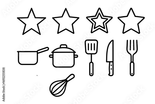 Outline icons of cooking tools and star ratings