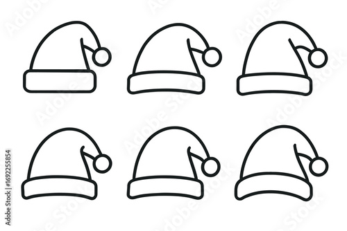 Outline of six festive santa hats in a row for holiday design