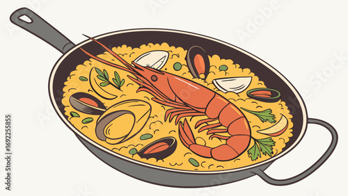Seafood Paella in Pan Delicious Mediterranean Cuisine Illustration Food Menu Graphic Restaurant Design Recipe Image.