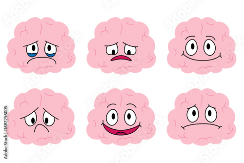 Happy and tired brain cartoon character. Brain with low charge, depression, burnout, lack energy and power with high energy. Stock vector illustration isolated on white background.