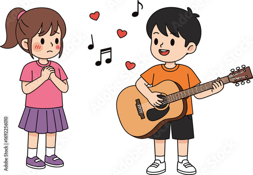 Cartoon boy playing guitar, serenading girl, romantic kids illustration, musical love moment, cute children, heart notes, sweet expression, vector art