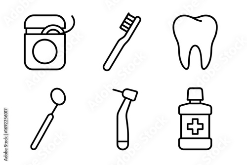 Dental care essentials: floss, toothbrush, tooth, mirror, drill, mouthwash line icons