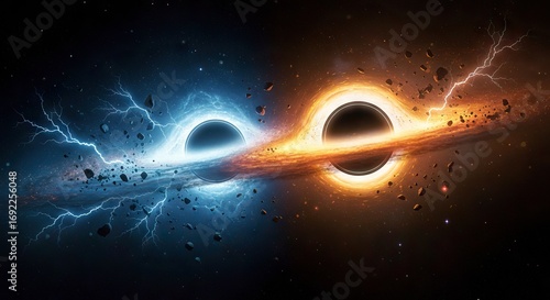 Two black holes warping spacetime surrounded by celestial debris and energy