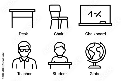 Icons of school items: desk, chair, chalkboard, teacher, student, globe