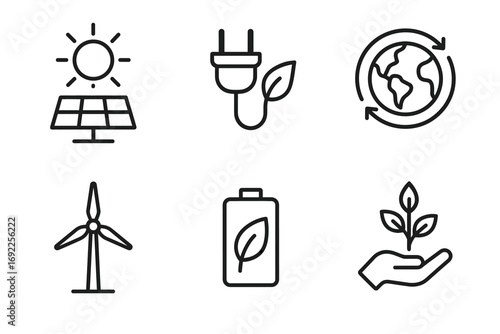 Eco-friendly energy icons: solar, wind, renewable, sustainable, green technology symbols