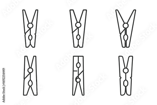 Minimalistic clothespin illustrations in various designs on white background