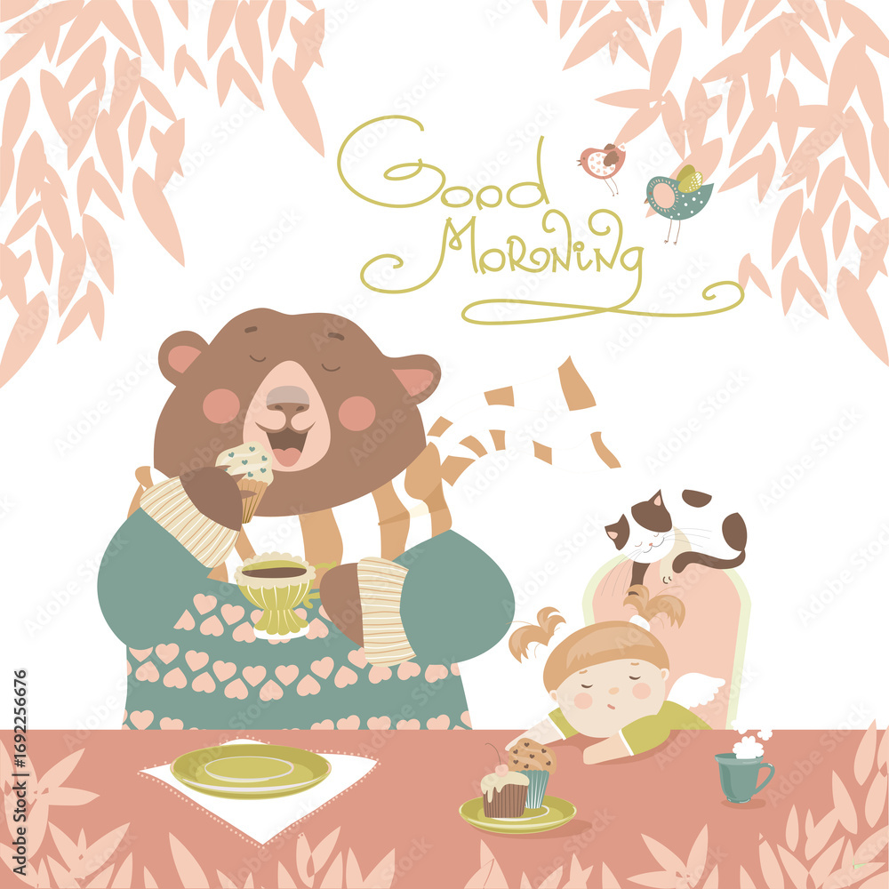 Fototapeta premium Girl drinking tea with a cute bear. Vector illustration