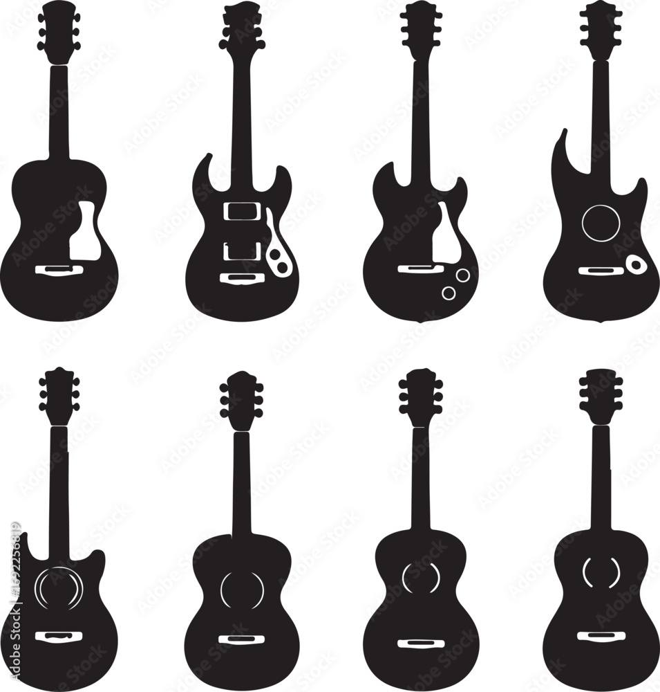 Naklejka premium A vector set of various electric and acoustic guitars, instruments of rock and jazz music