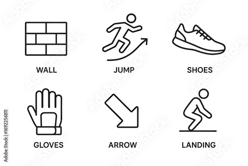 Minimalist icons of parkour: wall, jump, shoes, gloves, arrow, landing