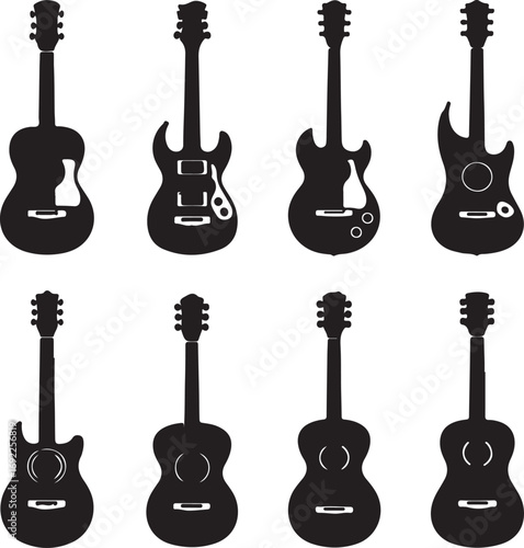 A vector set of various electric and acoustic guitars, instruments of rock and jazz music