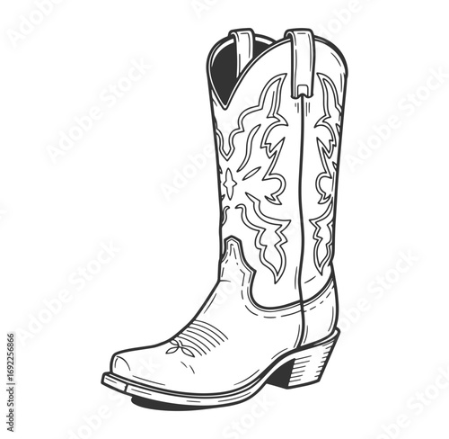 Black and white cowboy boot illustration western country culture style element