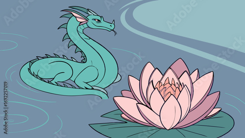 Serene illustration of a mythical creature and water lily in a calm aquatic setting.
