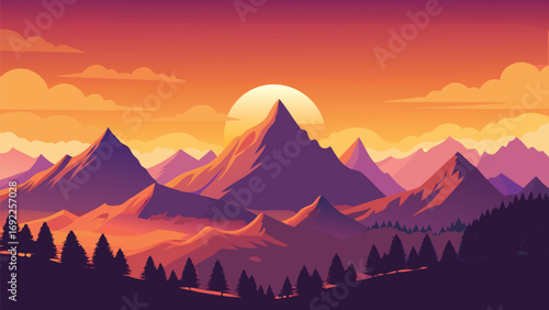 Mountain landscape with sunset. Vector illustration in flat cartoon style.