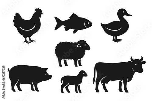 Silhouettes of farm animals: chicken, fish, duck, sheep, lamb, pig, cow