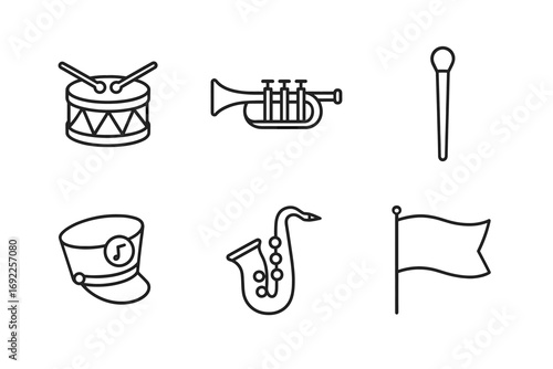 Simple line drawings of musical instruments and parade accessories