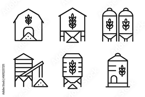 Minimalist line art of agricultural silos and barns with grain