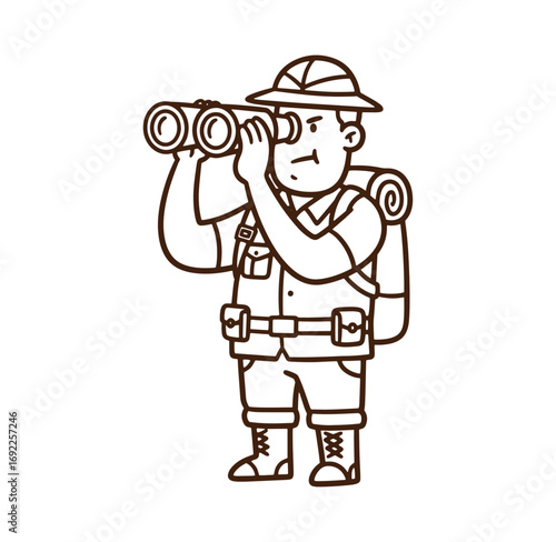 Cartoon illustration of a male explorer using binoculars for observation and exploration outdoors