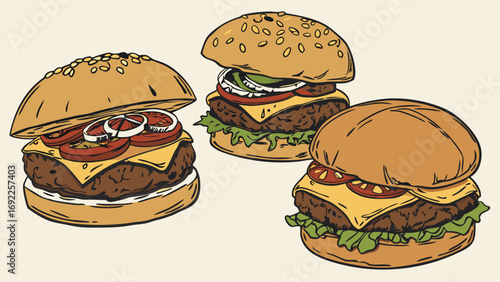 Three Delicious Cheeseburgers Fast Food Illustration Restaurant Menu Design Burger Patty Sesame Bun Juicy Burger Tasty Meal.