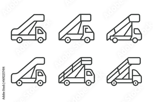 Set of six minimalist line art airport stair trucks