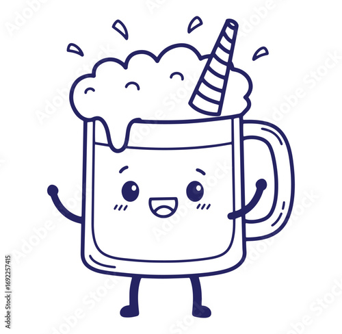 Cute cartoon coffee mug character with frothy foam and drinking straw illustration