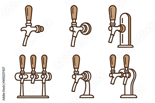 Set of six beer tap outlines with wooden handles in brown and white
