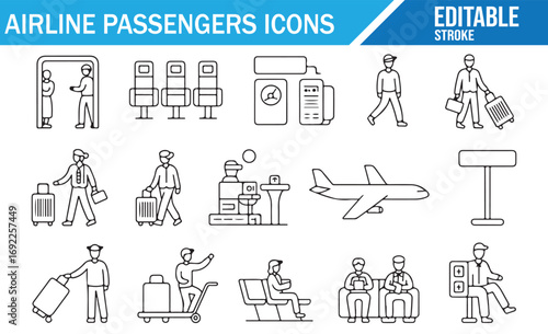 Vector Icons of Airline Passengers, Luggage, and Airport Services