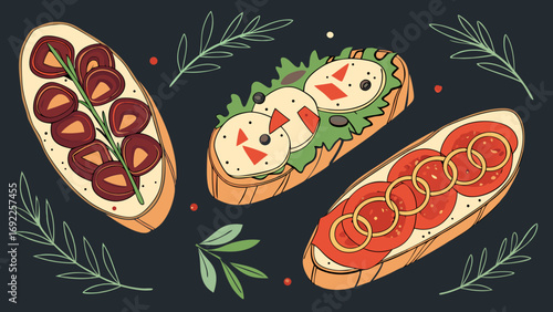 Three Delicious Open-Faced Sandwiches with Various Toppings Flatlay Food Illustration Menu Design Restaurant Graphic.