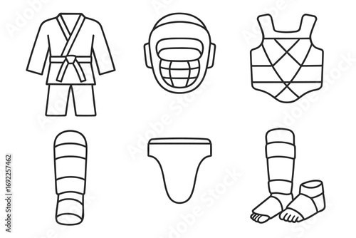 Karate protective gear set: gi, helmet, chest guard, shin guards, groin guard